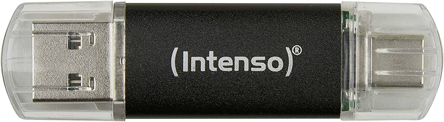 Ein schwarzer USB-Stick mit dem Markennamen 'Intenso', der in weiß auf seiner Oberfläche gedruckt ist.