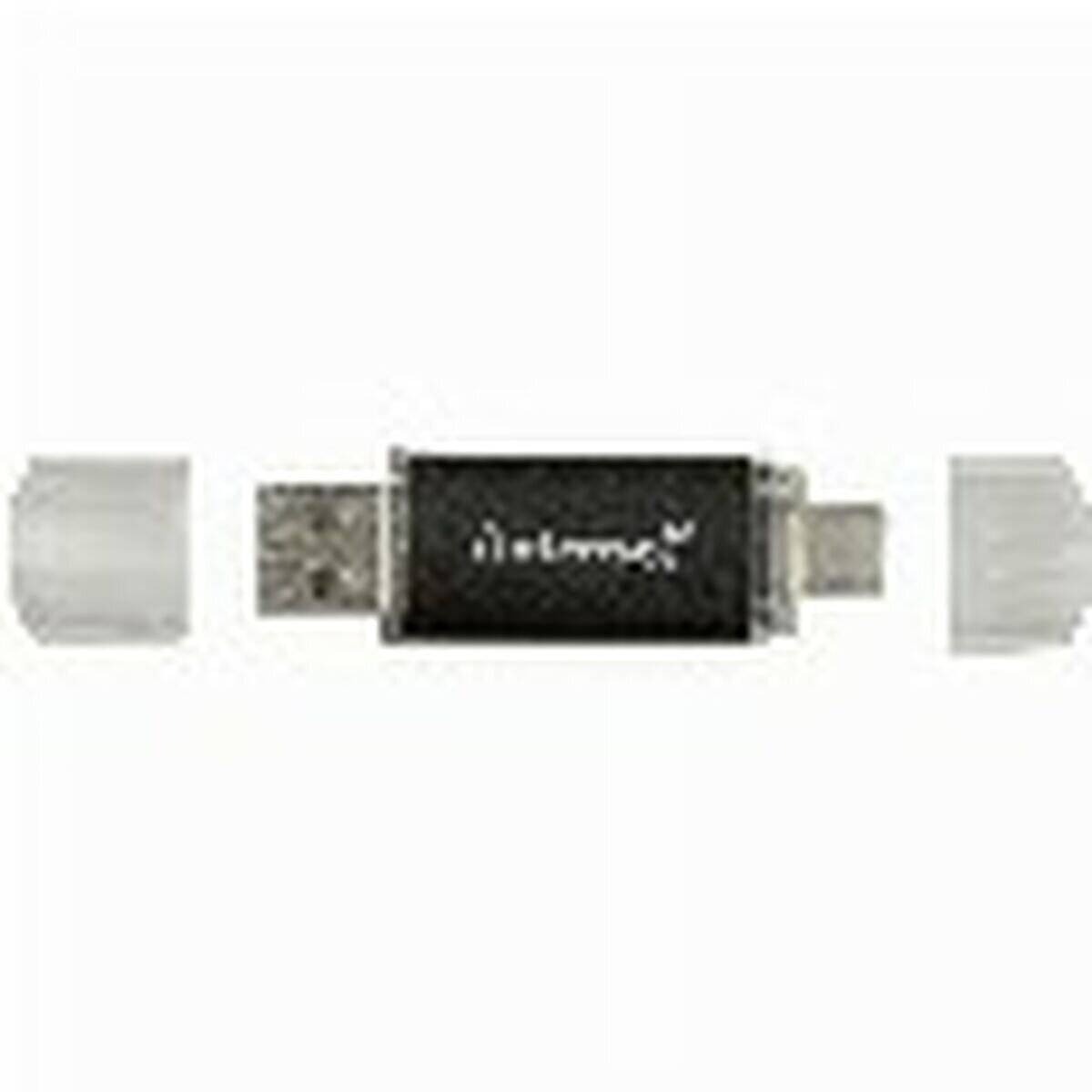 USB-Stick mit schwarzem Gehäuse, versehen mit einem Logo. Die Schutzkappen sind entfernt, wodurch an einem Ende ein USB-Anschluss und am anderen Ende eine weitere Spitze sichtbar sind.