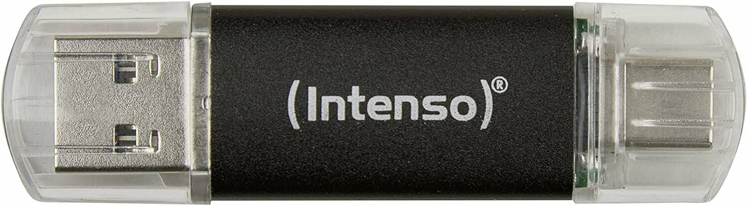 Ein schwarzer USB-Stick mit dem Markennamen 'Intenso', der in weiß gedruckt ist.