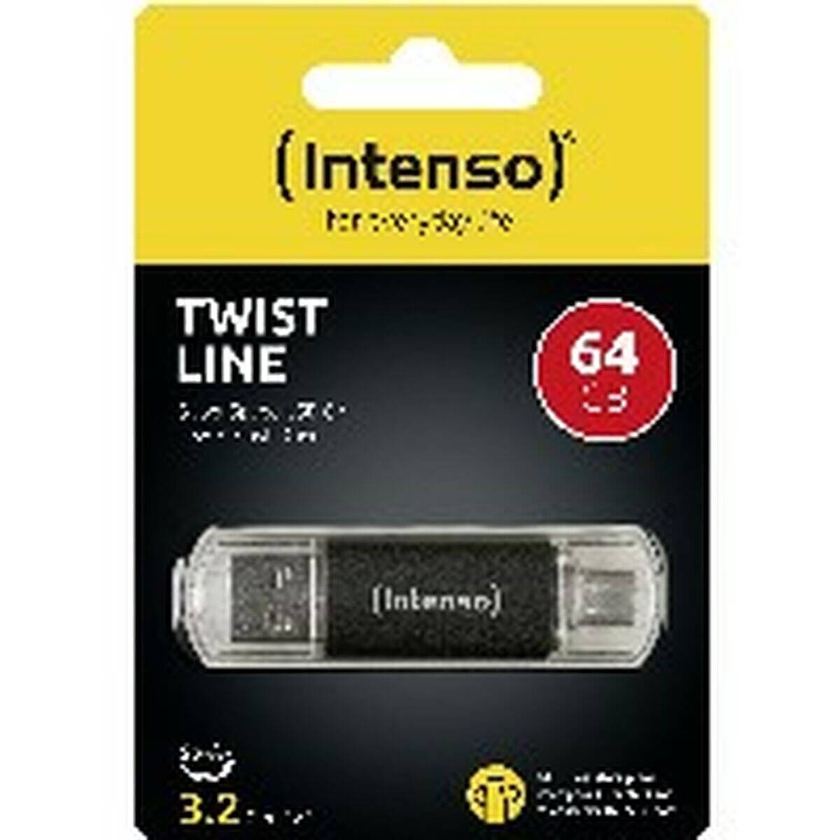 USB-Stick-Verpackung von 'Intenso' mit gelb-schwarzem Design, die eine Kapazität von 64 GB anzeigt.