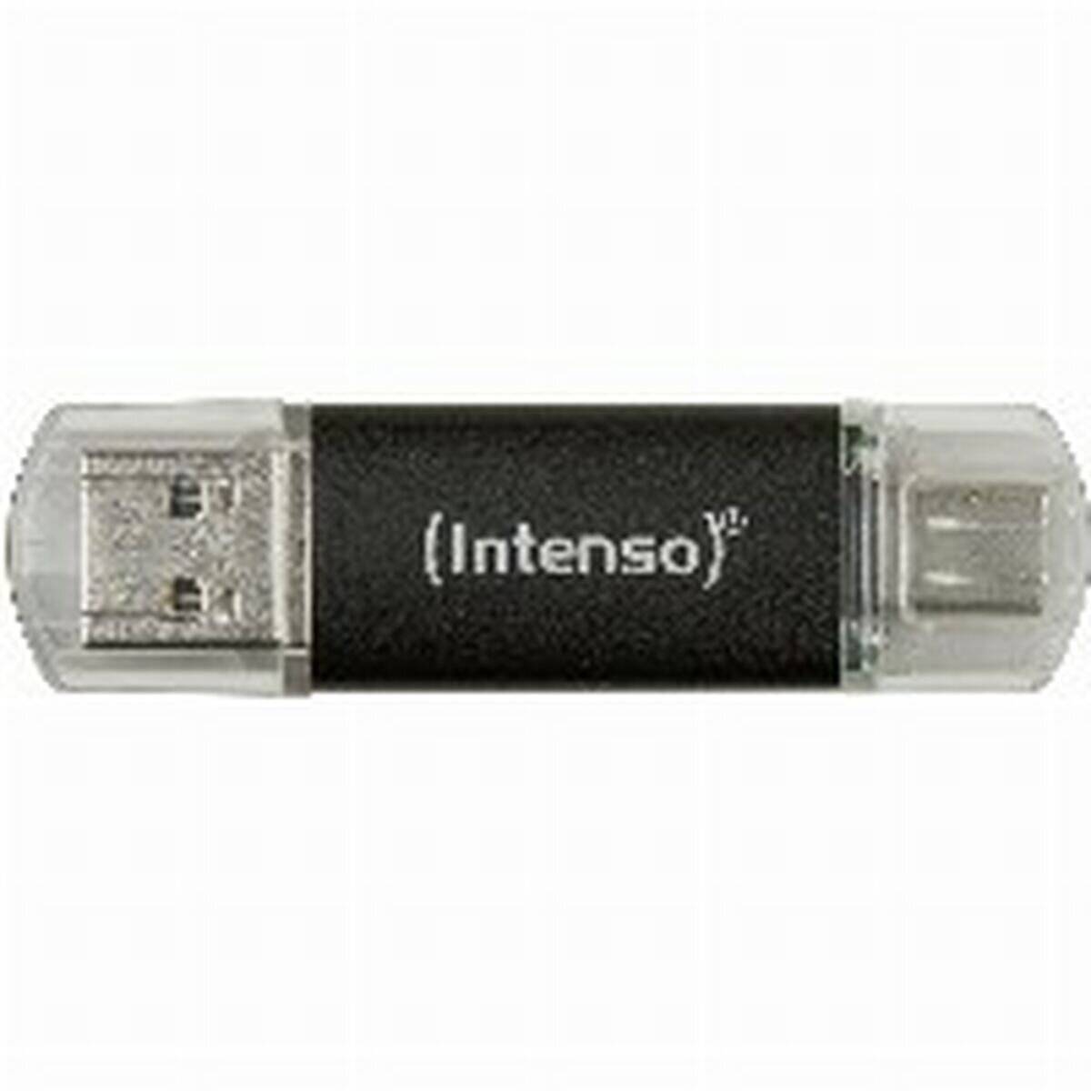 Ein USB-Stick mit der Aufschrift "Intenso"", der in der Mitte schwarz und an den Enden transparent ist und auf beiden Seiten USB-Anschlüsse zeigt.