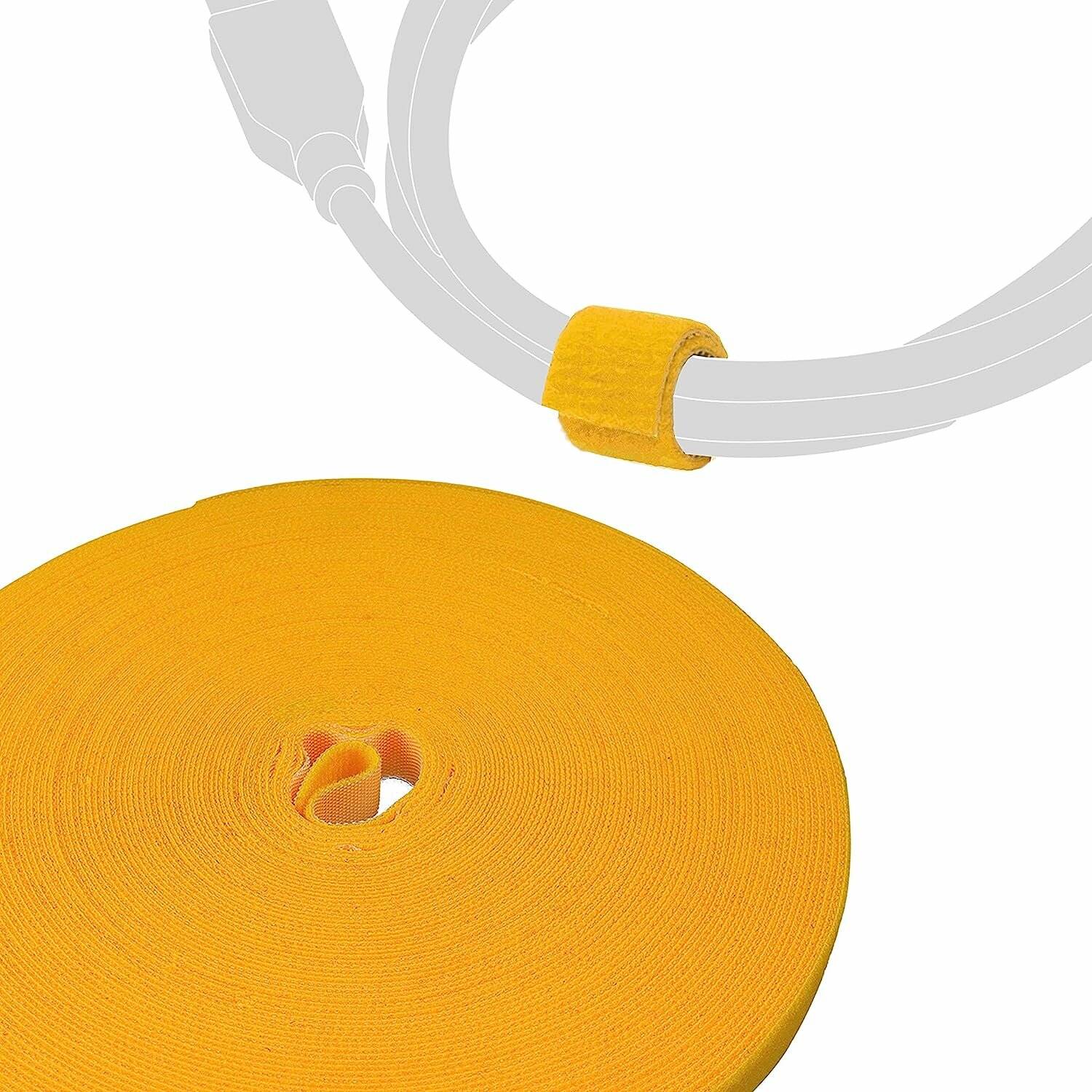 Eine gelbe Klett-Kabelbinder aufgerollt, mit einer einzelnen Schlinge, die zeigt, wie Kabel befestigt werden. Der Binder dient hauptsächlich zum Organisieren von Kabeln.