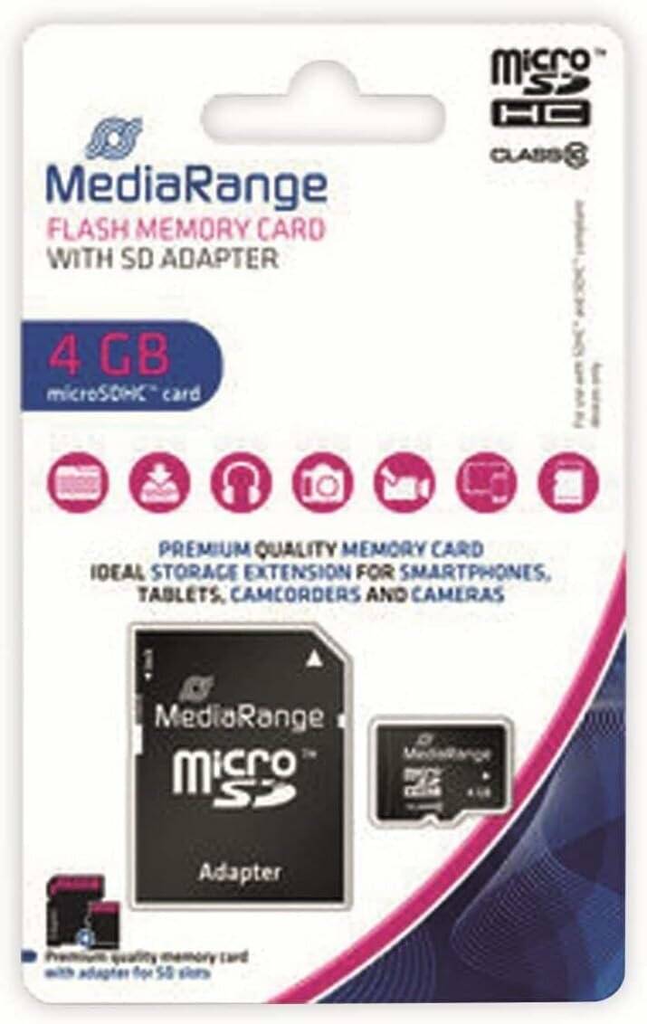 Verpackung für eine MediaRange 4GB microSDHC Speicherkarte mit SD-Adapter, geeignet für Smartphones, Tablets und Kameras.