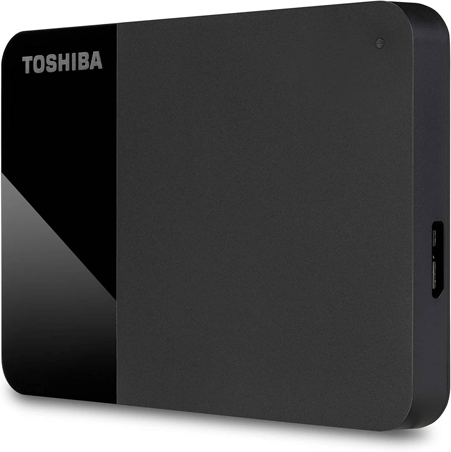 Externe Festplatte von Toshiba mit elegantem schwarzem Design, die einen USB-Anschluss an der Seite zur Verbindung aufweist.