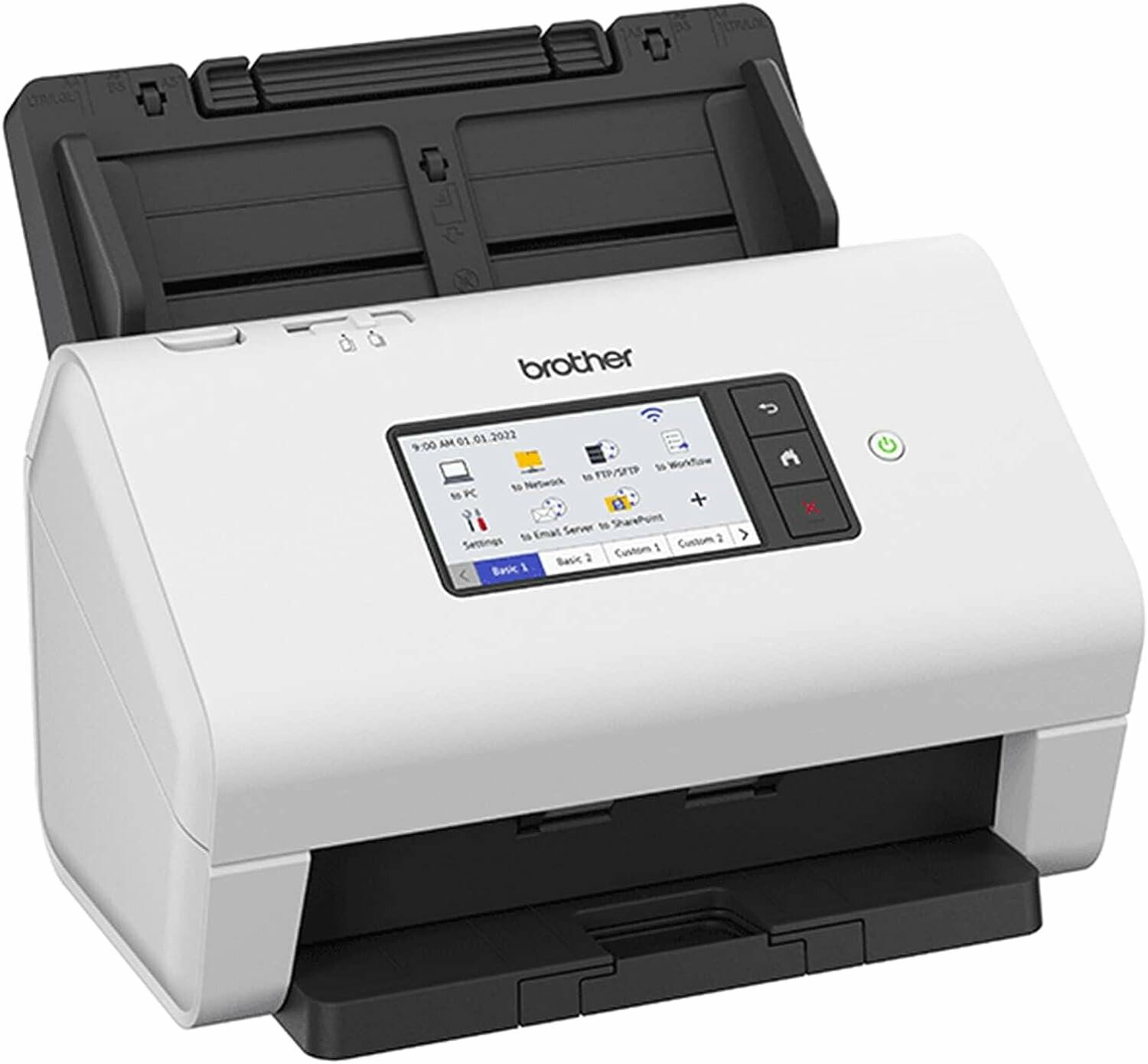 Ein weißer Desktop-Scanner mit einem Dokumenteneinzug und einem digitalen Bildschirm, der verschiedene Optionen und Einstellungen anzeigt.