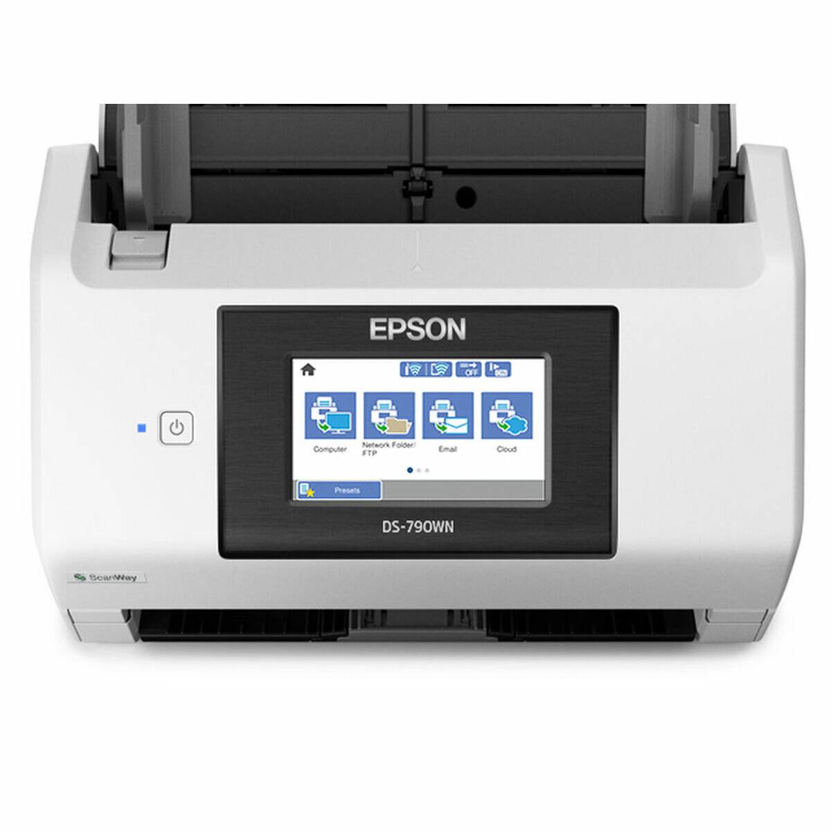 Epson DS-790WN Scanner mit Touchscreen-Display, das Scan-Optionen zeigt: 'Computer', 'E-Mail', 'USB', 'Cloud'.