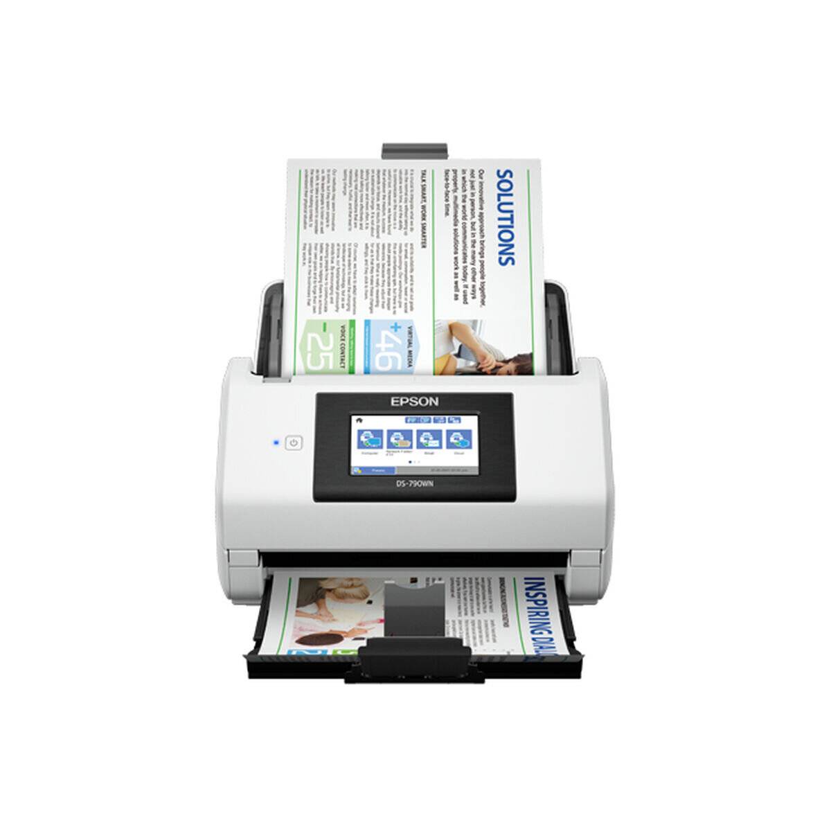 Epson DS-770N Dokumentenscanner mit Touchscreen scannt Magazinseiten mit den Titeln „Lösungen