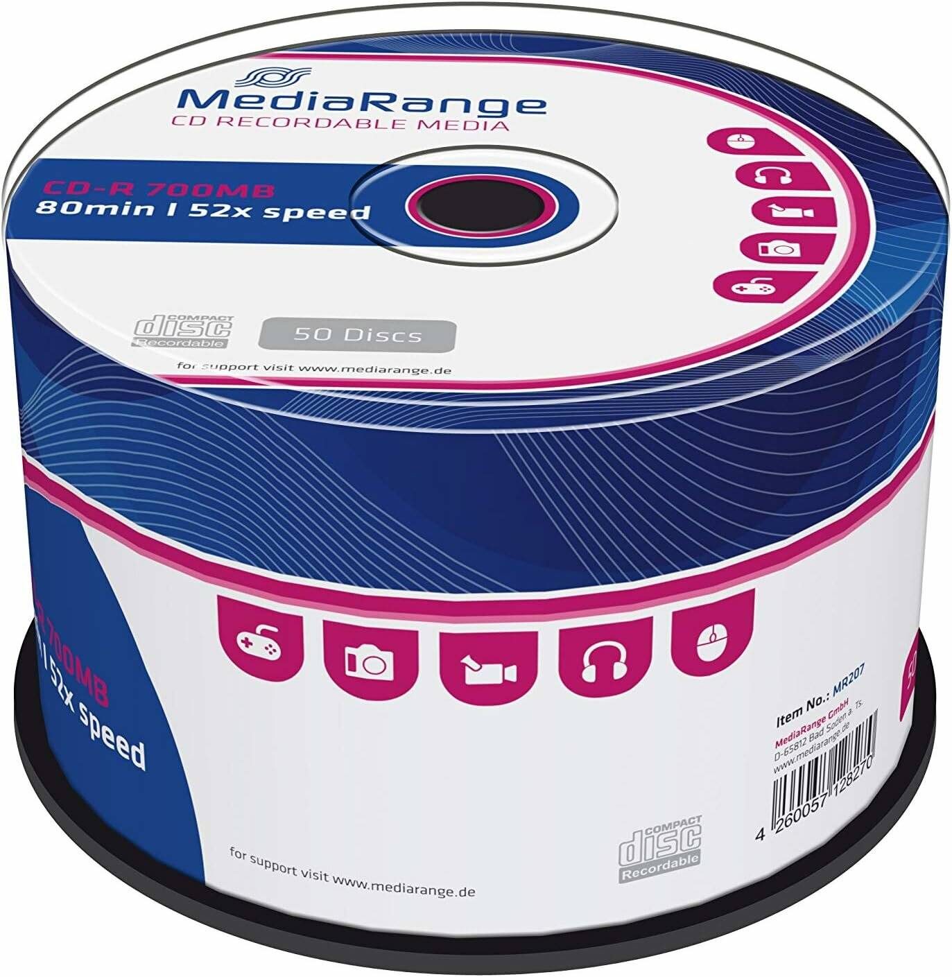 Stapel von MediaRange CD-R Rohlinge, beschriftet mit '700MB, 80min, 52x Geschwindigkeit'. Verpackung zeigt Icons für Fotografie, Musik und Datenspeicherung.