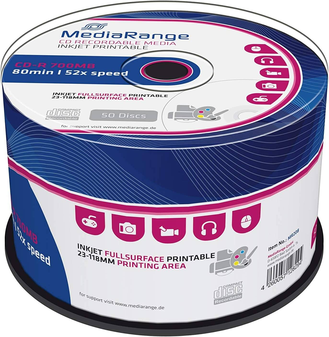 MediaRange 50er Pack CD-R Rohlinge, 700MB, 80min, 52x Geschwindigkeit. Vollflächig für Tintenstrahldrucker bedruckbar, Druckbereich 23-118mm, wiederbeschreibbare Compact Disc.