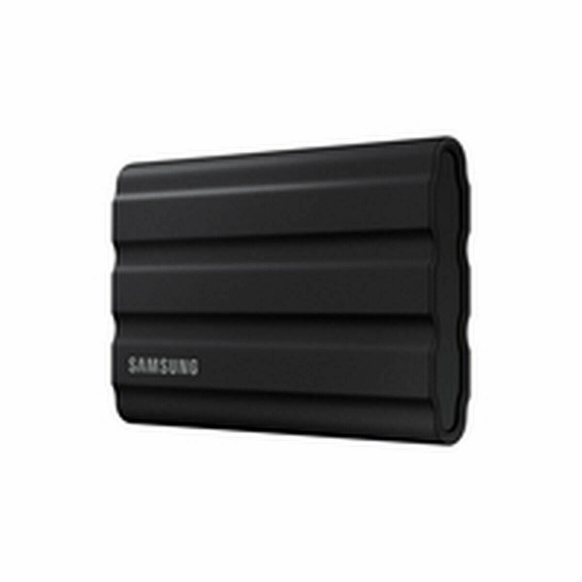 Tragbares Samsung externes SSD mit geripptem schwarzem Design.