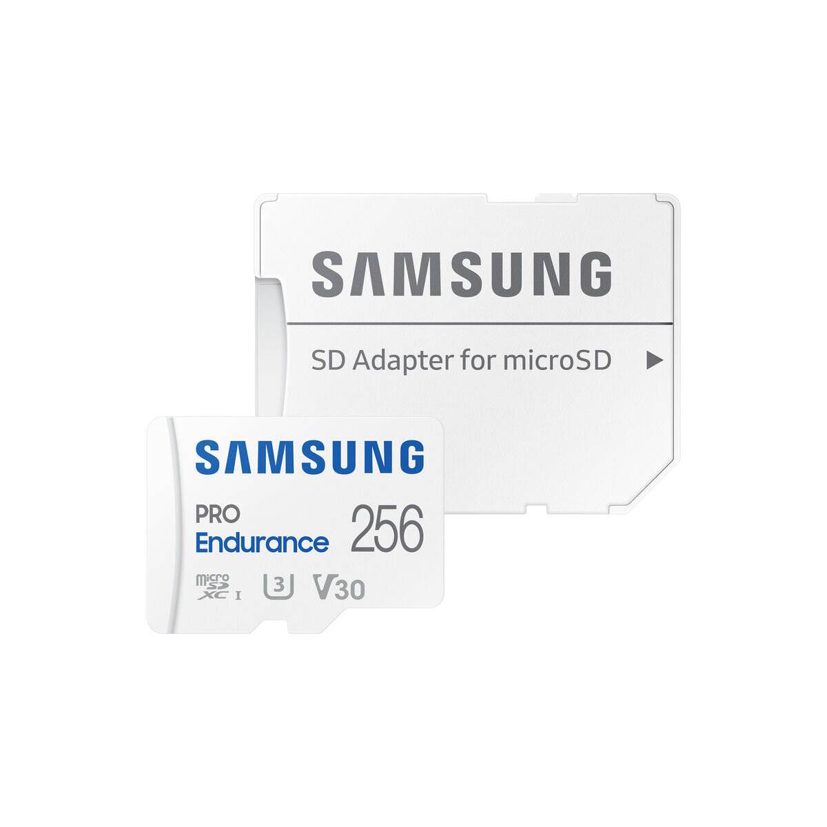 Samsung Pro Endurance microSD-Karte mit SD-Adapter. Die Karte hat eine Kapazität von 256 GB und ist für langanhaltende Leistung konzipiert.