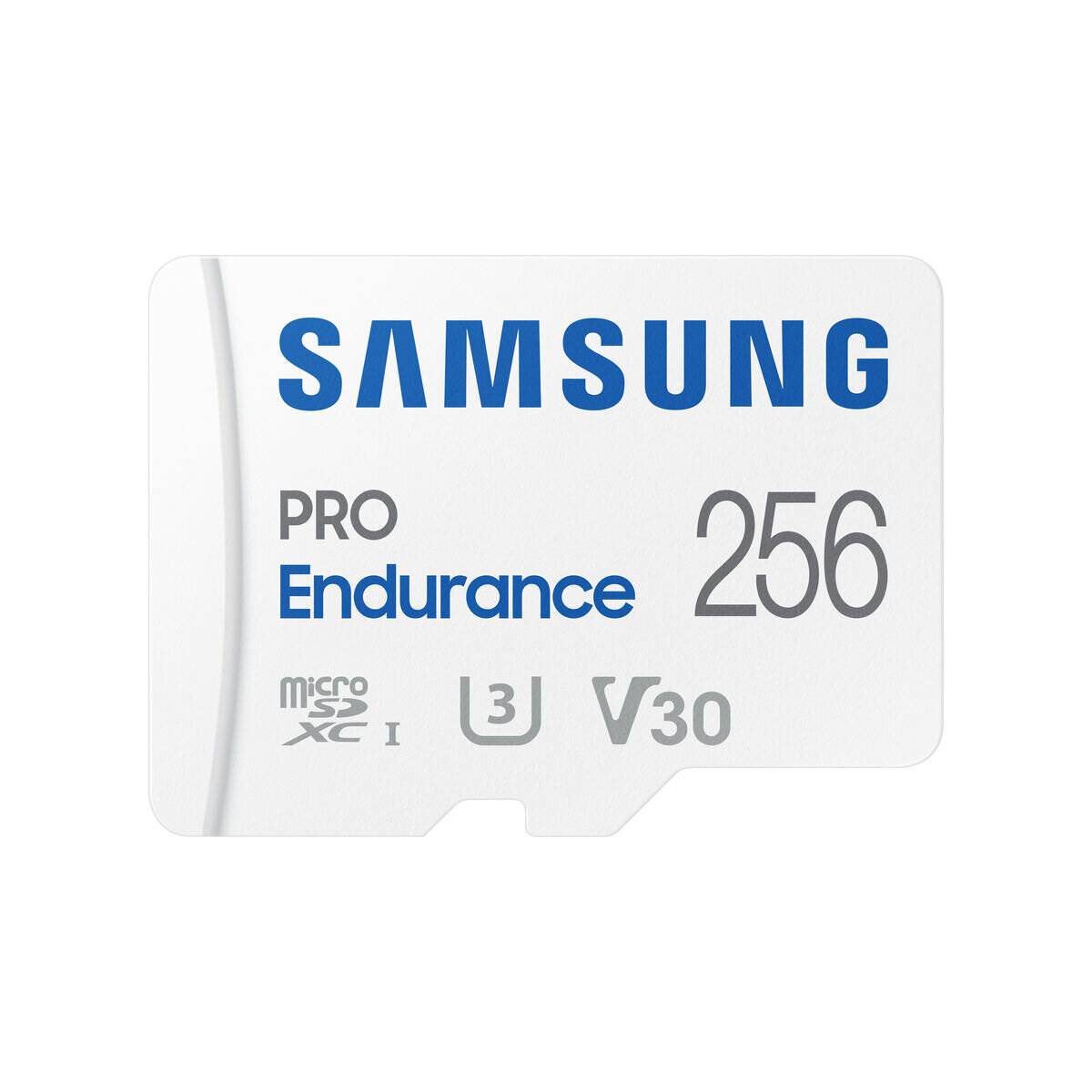 Weiße Samsung PRO Endurance 256 GB microSDXC-Karte, UHS-I, U3, V30, für hochbelastbare Aufzeichnungen in Geräten wie Dashcams und Überwachungskameras.