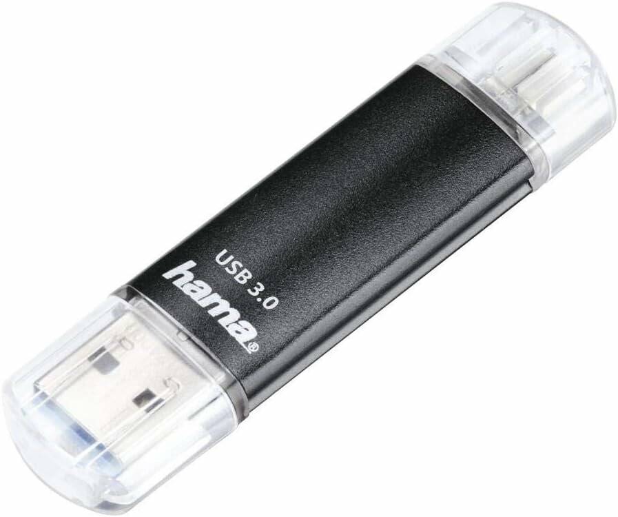 Schwarzer USB 3.0 Stick mit transparenten Schutzkappen an beiden Enden, mit der Aufschrift 
