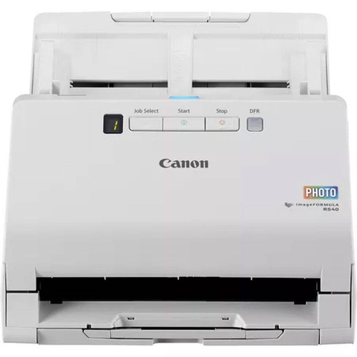 Canon imageFORMULA Scanner auf weißem Hintergrund, mit Bedienelementen und Dokumenteneinzug; entwickelt für die Verarbeitung großer Dokumentenmengen.