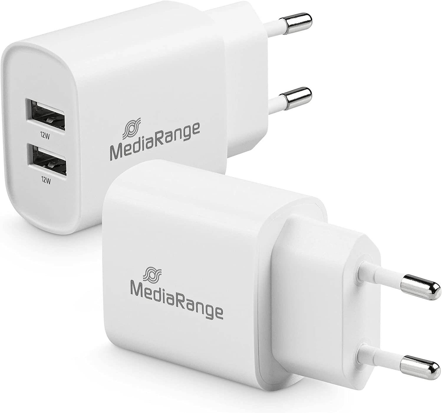 Zwei weiße Wandladegeräte mit zwei USB-Anschlüssen, mit der Aufschrift 