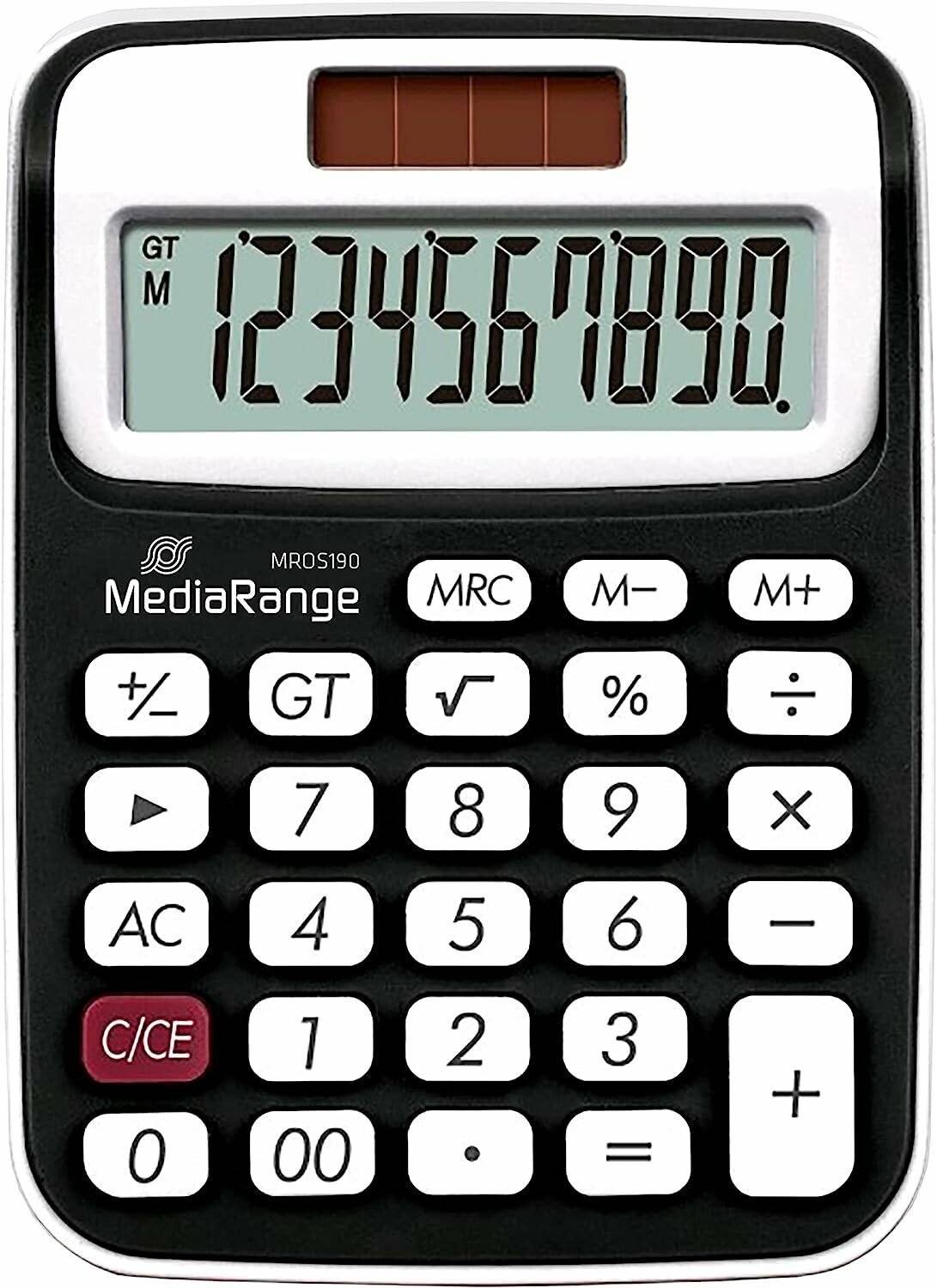 Taschenrechner, der die Ziffern '1234567890' auf dem Display zeigt, mit dem Markennamen 'MediaRange', der darunter sichtbar ist.