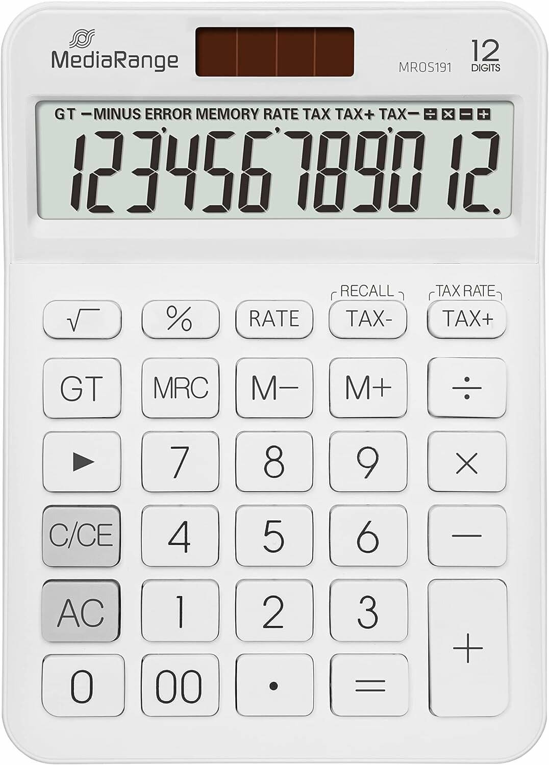 Ein weißer Taschenrechner, der '1234567890,12' auf seinem Display zeigt, mit standardmäßigen Funktionstasten wie Prozent, Steuer und Speicherabruf.