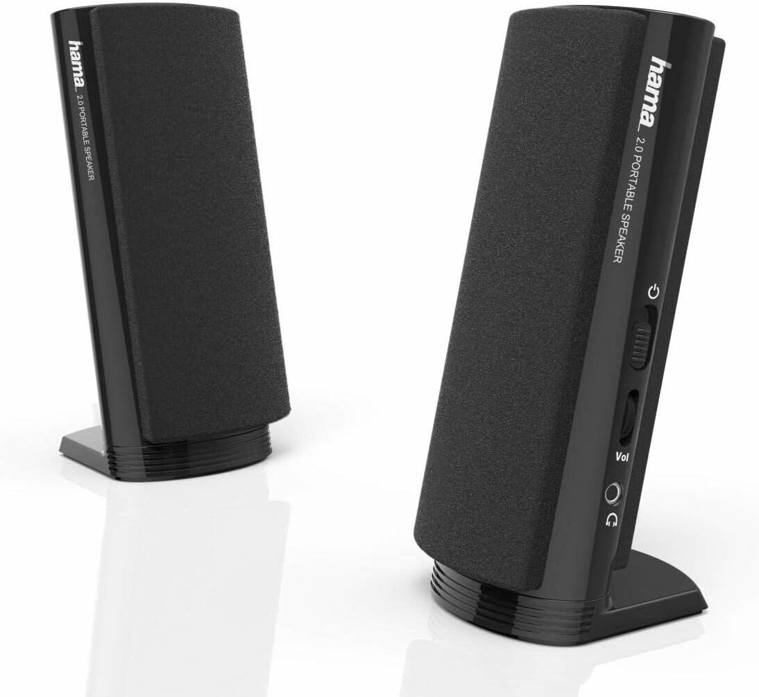 Zwei schwarze tragbare Lautsprecher mit sichtbarem Markennamen, ausgestattet mit Lautstärkereglern und Audioeingangsanschlüssen, die auf einer reflektierenden Oberfläche platziert sind.