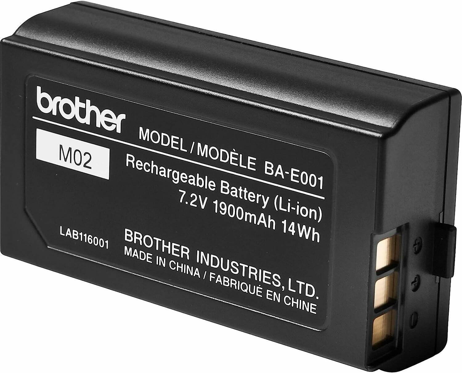 Aufladbarer Li-Ionen-Akku, Modell BA-E001, 7,2V, 1900mAh, 14Wh, von Brother Industries Ltd, hergestellt in China.