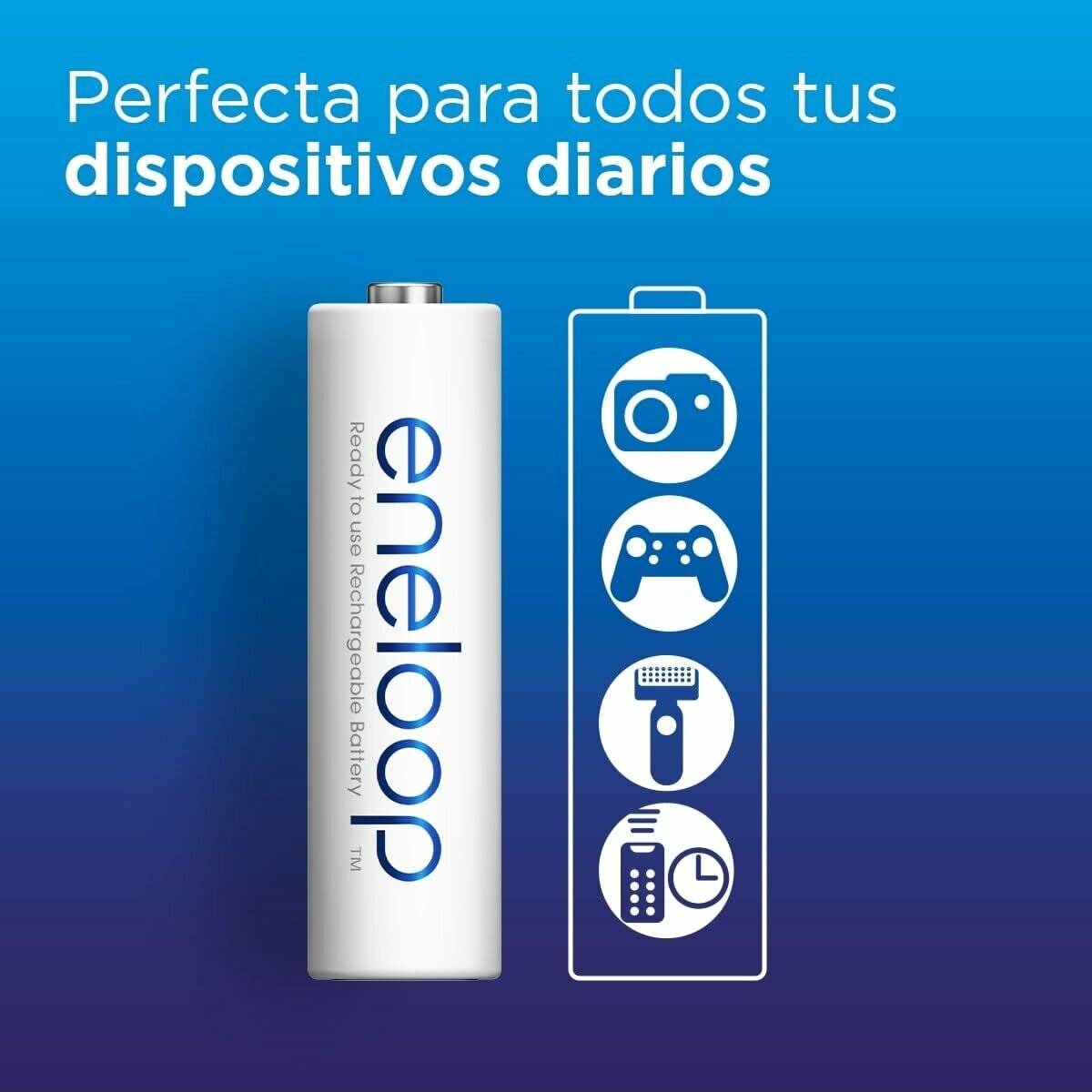 Batterie neben Symbolen einer Kamera, eines Spielcontrollers, einer Taschenlampe und einer Fernbedienung, mit dem Text 