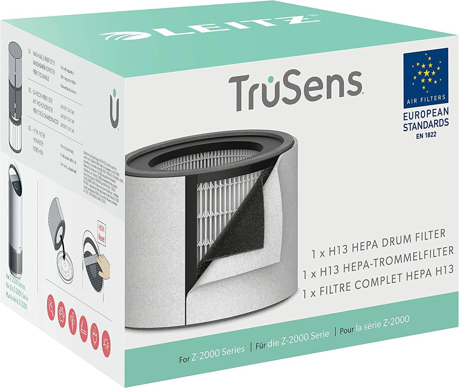 Luftfilter des TruSens Luftreinigers für die Z-2000 Serie, mit einer Darstellung des H13 HEPA Trommelfilters und europäischer Qualitätszertifizierung.