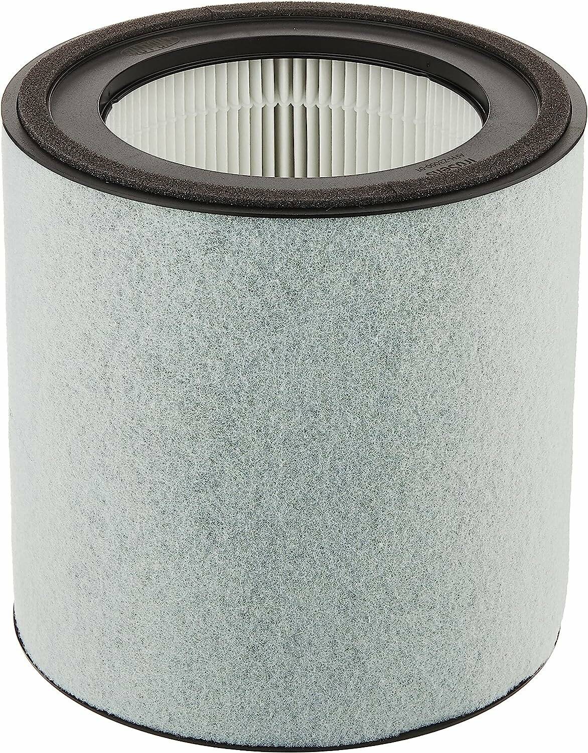 Ein zylindrischer Luftfilter mit einer Faserverkleidung an der Außenseite, schwarzem Deckel und sichtbarer gefalteter Innenstruktur, entwickelt zur Luftreinigung in Geräten.