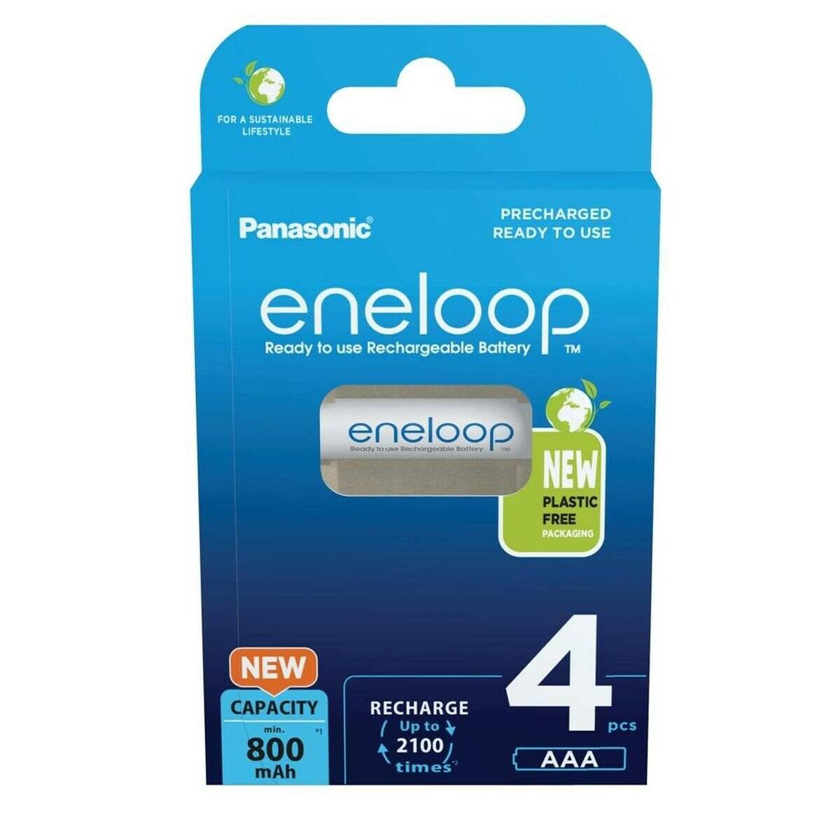 Eneloop AAA Akkubatterien, vorgeladen, bis zu 2100 Ladezyklen, 800mAh Kapazität, 4er Pack, in plastikfreier Verpackung.