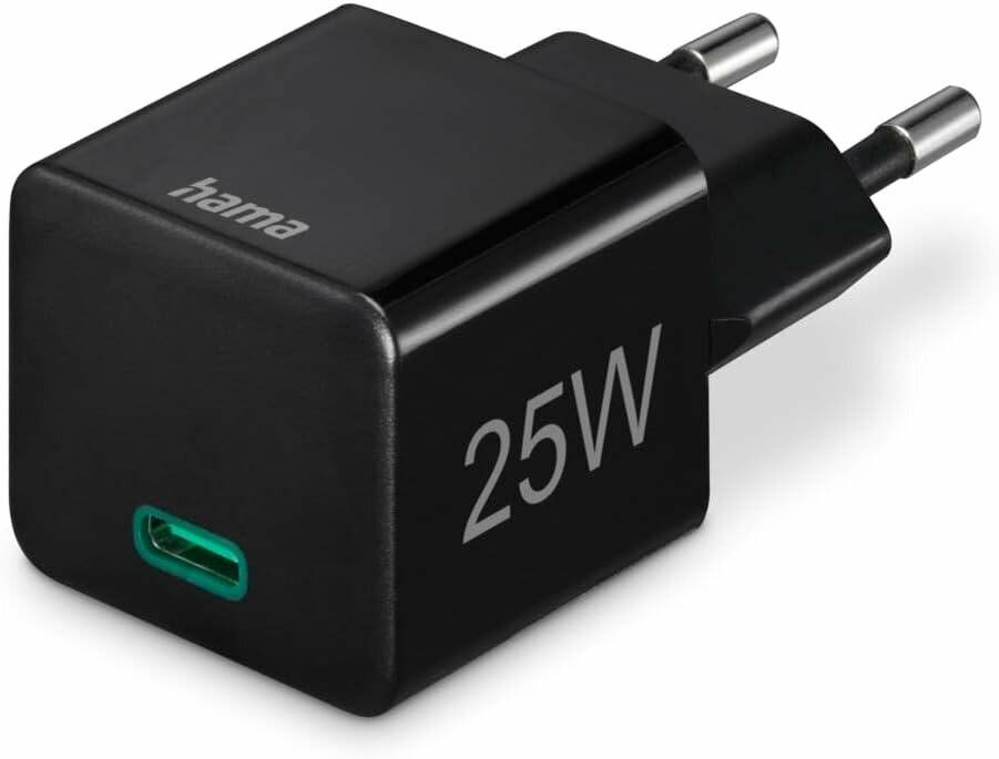 Ein schwarzes 25W USB-Wandladegerät mit grünem USB-Anschluss, geeignet zum Aufladen elektronischer Geräte.