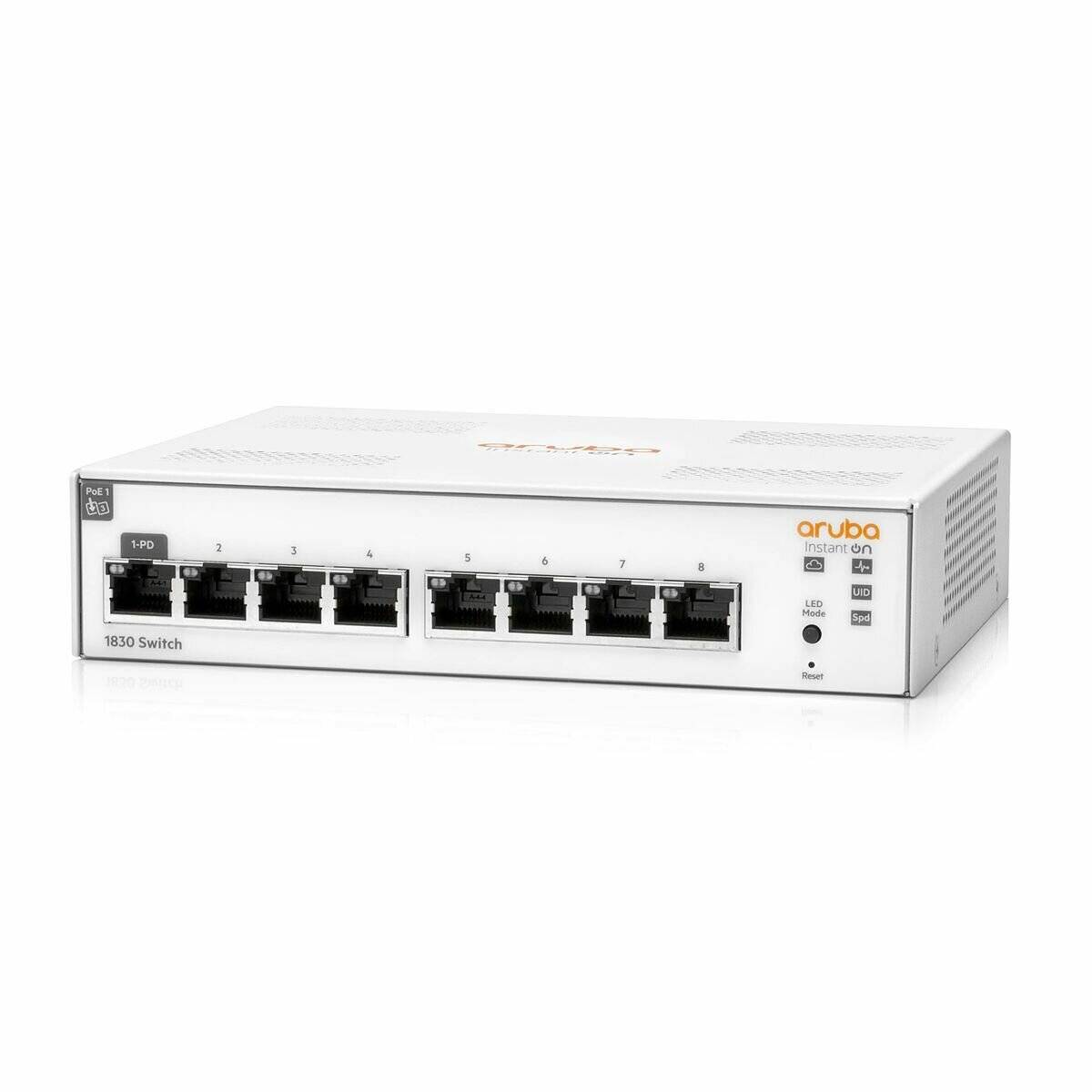 Aruba Instant On 1830 Switch mit acht Ethernet-Anschlüssen, LED-Anzeigen für Stromversorgung und Status, weißes rechteckiges Design.
