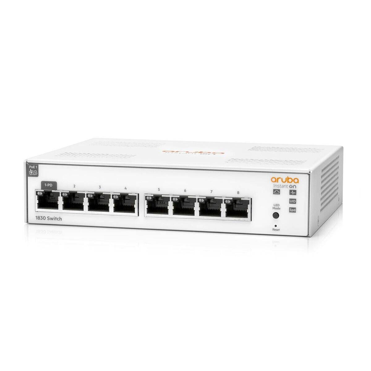 Aruba 1830-Switch mit 8 Ethernet-Ports, Frontansicht.