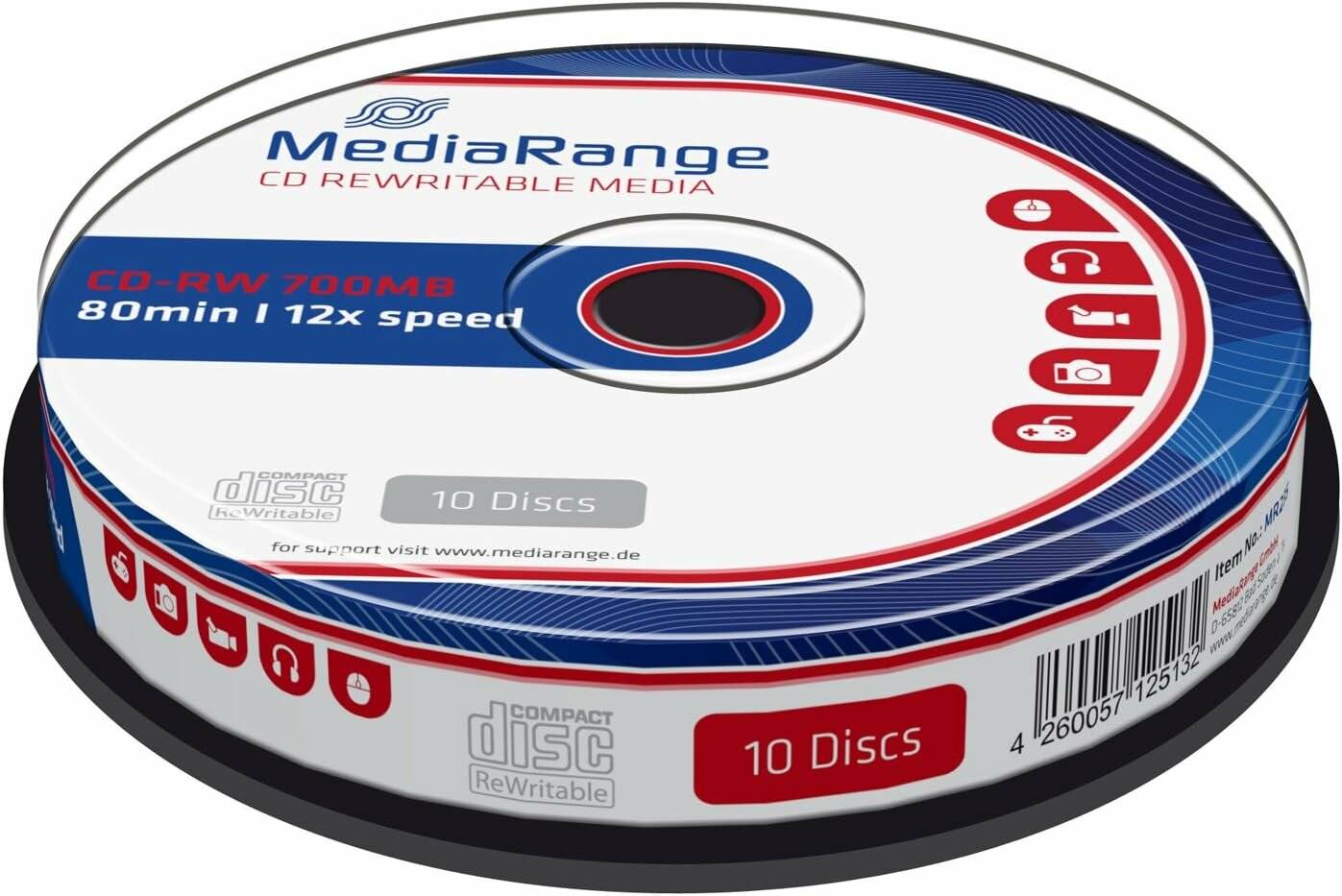 Ein Stapel MediaRange CD-RW-Discs, beschriftet mit '700 MB', '12-fach', und '10 Discs', der die Speicherkapazität, Schreibgeschwindigkeit und Anzahl anzeigt.