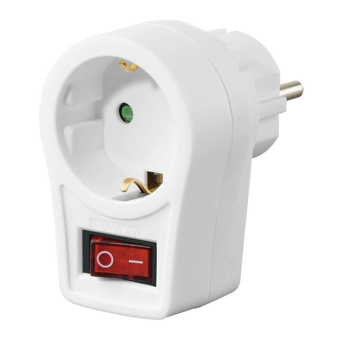 Ein weißer elektrischer Steckeradapter mit einem Ein-/Ausschalter und zwei Stiften, der für die Umwandlung von Steckdosentypen oder die Steuerung des Stromflusses vorgesehen ist.