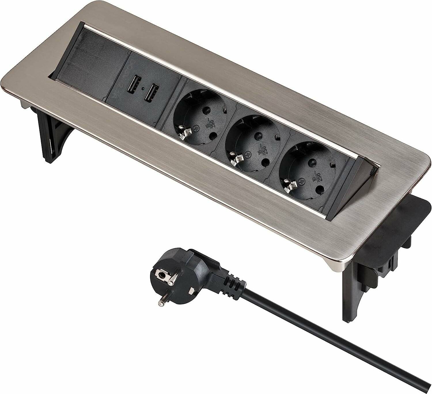 Brennenstuhl Indesk-Power versenkbare Steckdosenleiste 3-fach (silber/schwarz, 2 Meter, 2x USB)