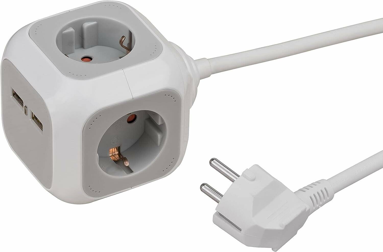 Ein weißer Mehrfachsteckdosenadapter mit zwei Anschlussstellen und einem zweipinnigen europäischen Stecker, entwickelt für elektrische Verbindungen.