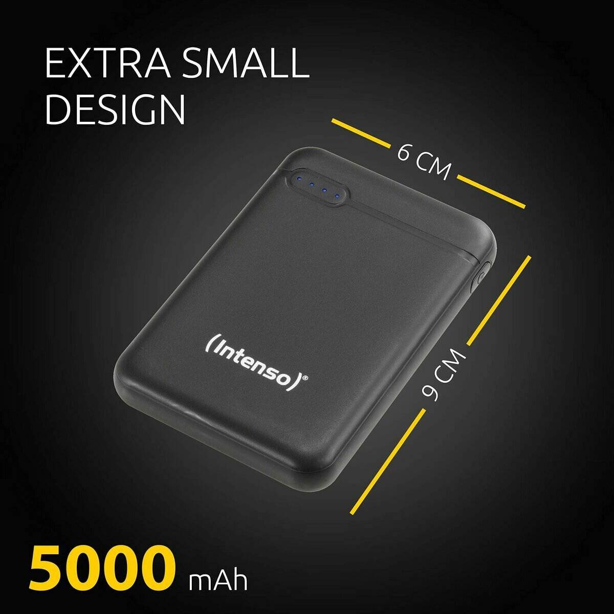 Intenso' schwarze Powerbank mit 'EXTRA KLEINEM DESIGN', Abmessungen 6 cm x 9 cm. Kapazität: 5000 mAh.