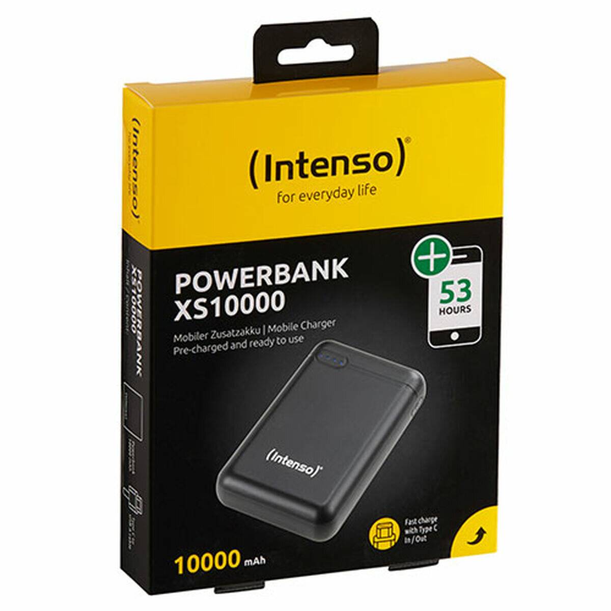 Die Verpackung der 'Intenso Powerbank XS10000' zeigt eine tragbare Ladegerät mit einer Kapazität von 10000 mAh und bietet bis zu 53 Stunden Energie.