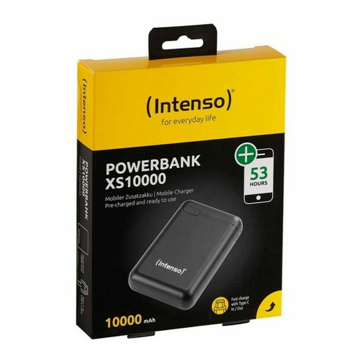 Intenso Powerbank XS10000 Verpackung zeigt das Gerät, '53 Stunden' Ladezeit und '10000 mAh' Kapazität mit einem gelb-schwarzen Design.
