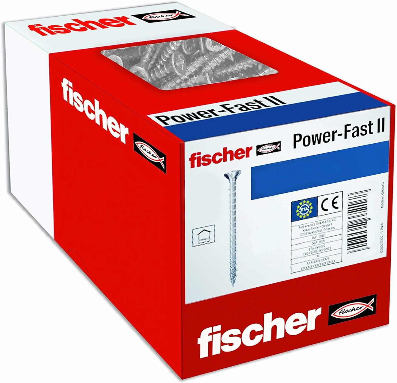 Eine rote und weiße Schachtel mit der Aufschrift 'fischer Power-Fast II', die ein Bild einer Schraube und Produktspezifikationen mit Zertifizierungslogos zeigt.