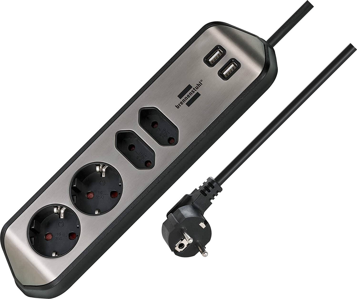 Brennenstuhl estilo Eck-Steckdosenleiste 4-fach (schwarz/edelstahl, 2 Meter, 2x USB)