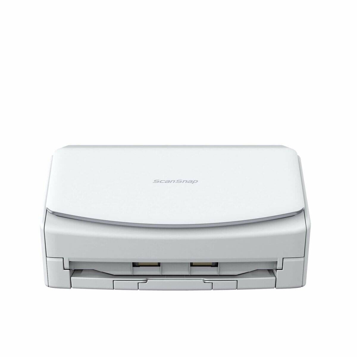 Ein kompakter, weißer Desktop-Scanner auf weißem Hintergrund, der mit seinem geschlossenen Deckel präsentiert wird und mit der Markenbezeichnung 