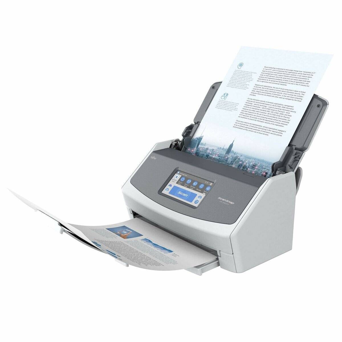 Ein Dokumentenscanner scannt Papiere mit Text und Bildern. Das Display des Geräts zeigt Scanoptionen und Einstellungen.