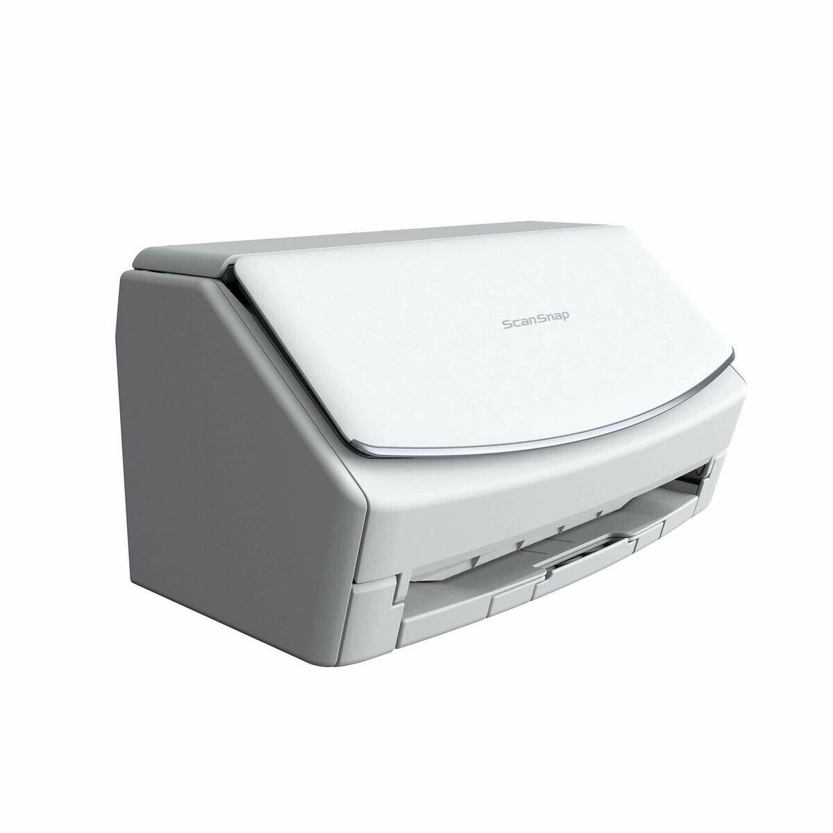 Ein weißer Desktop-Scanner mit offener Abdeckung, versehen mit dem Etikett 