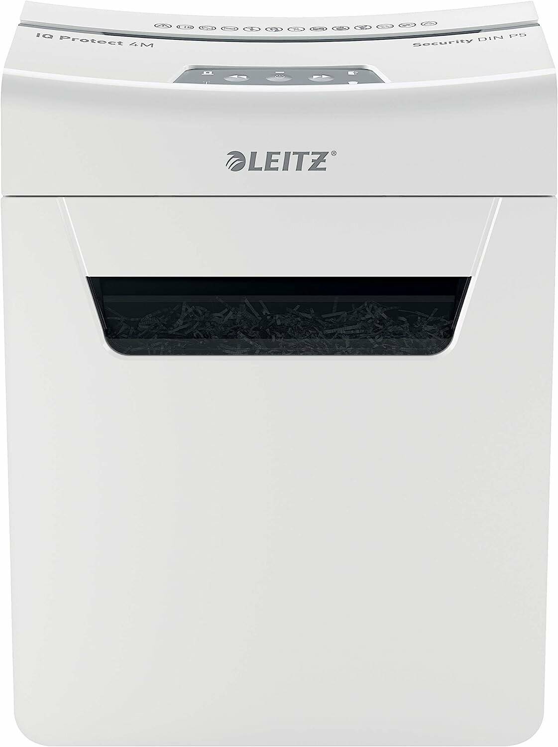 Ein Leitz-Aktenvernichter mit einem Sichtfenster, das geschredderte Papiere im Inneren zeigt, entwickelt für die sichere Dokumentenentsorgung.