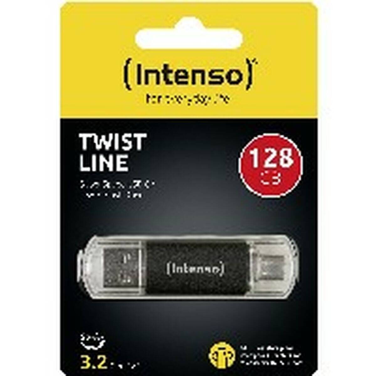 Intenso Twist Line USB-Stick, 128 GB Kapazität, USB 3.2, gelb-schwarzes Design, Produktabbildung in der Mitte.