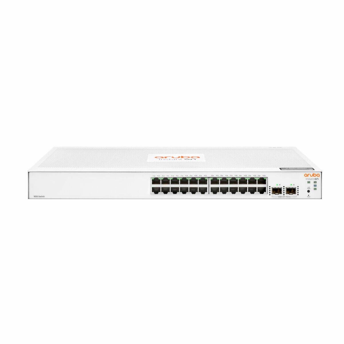 Ein weißer Netzwerk-Switch mit mehreren Ethernet-Ports und Aruba-Logo, ideal zur Verwaltung von Netzwerkverbindungen in professionellen Umgebungen.