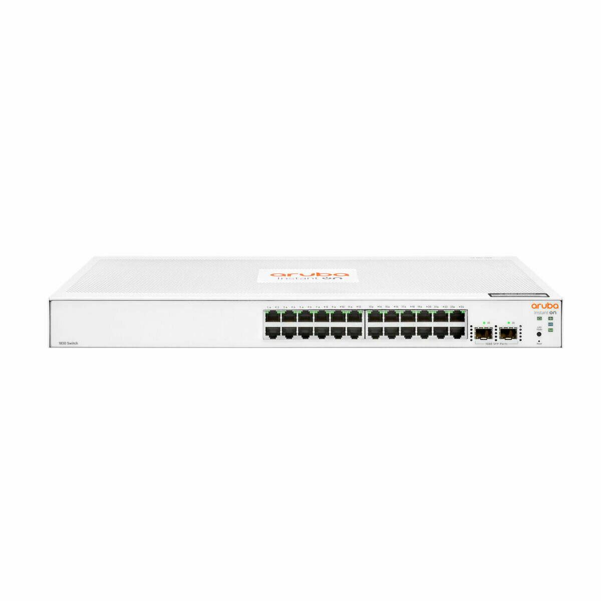 Ein weißer Netzwerkswitch mit mehreren Ethernet-Ports und zwei SFP-Ports auf der rechten Seite. Der Markenname ist auf dem Frontpanel sichtbar.
