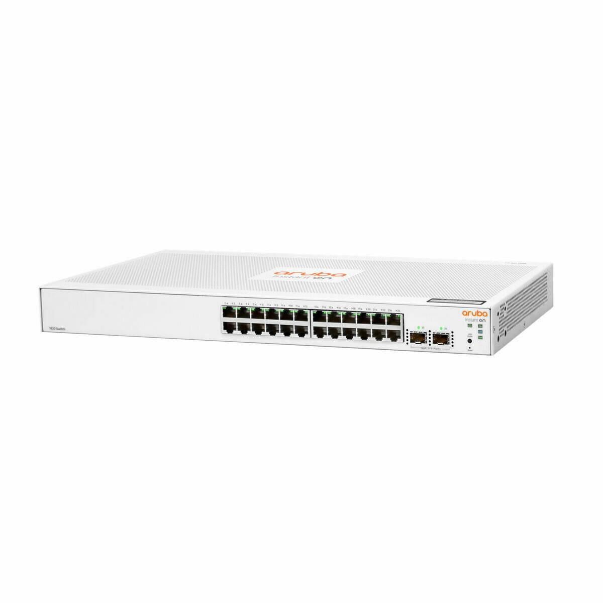Ein weißer Netzwerk-Switch mit Markenlogo auf der Oberseite, der mehrere Ethernet-Ports auf der Frontplatte für Konnektivität aufweist.