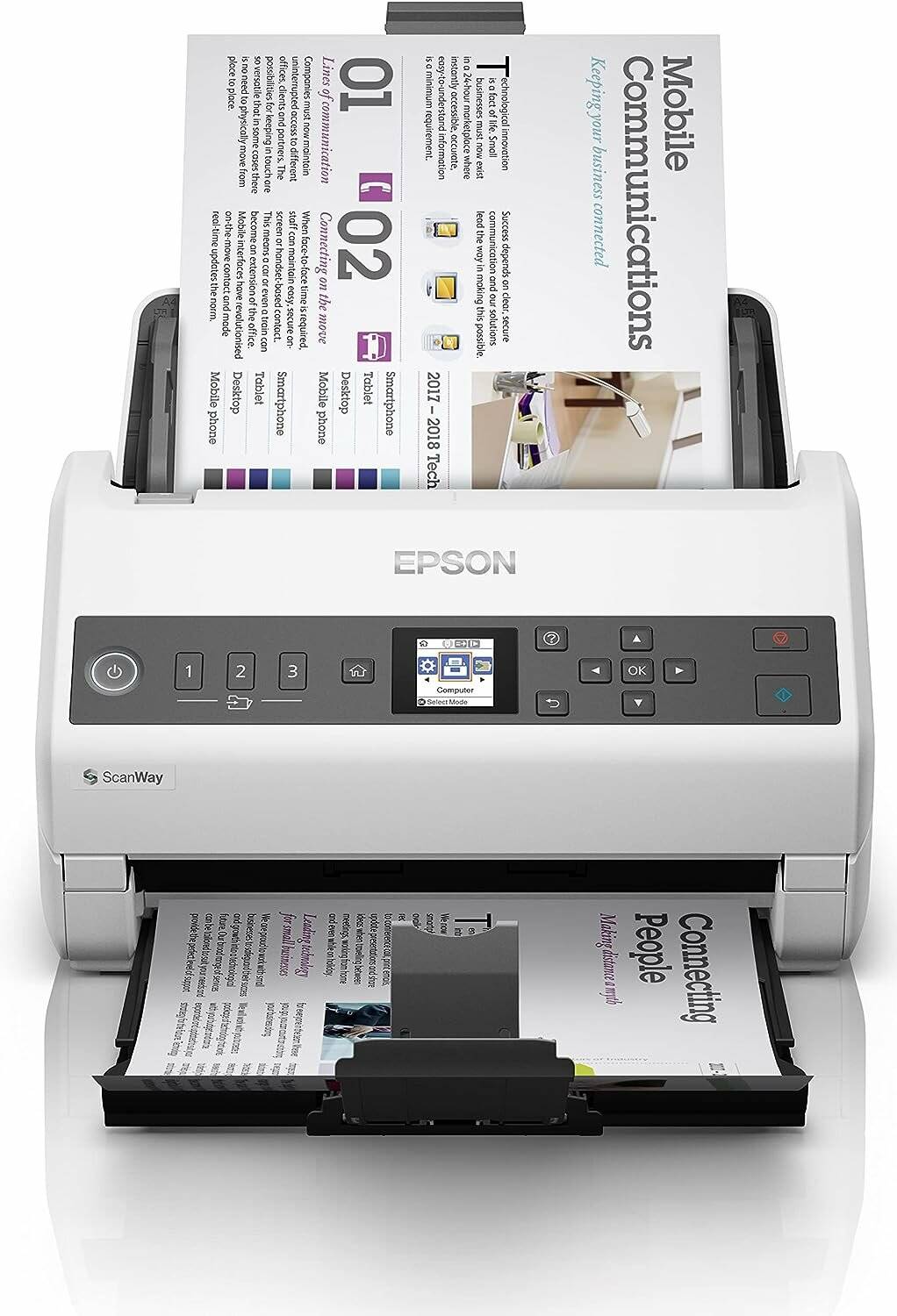 Epson-ScanWay-Dokumentenscanner in Betrieb, mehrere Seiten werden gescannt. Anzeigebildschirm zeigt Scanoptionen.