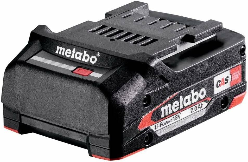 Ein schwarzer Metabo Li-Power 18V, 2.0 Ah Akkupack mit rotem Einschalteknopf.