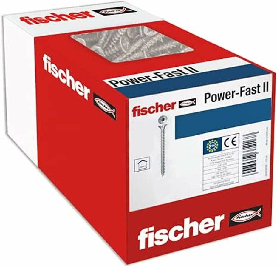 Schachtel mit 'fischer Power-Fast II' Schrauben mit Produktetikett und Zertifizierungssymbolen, mit einer sichtbaren Schraube an der Seite.